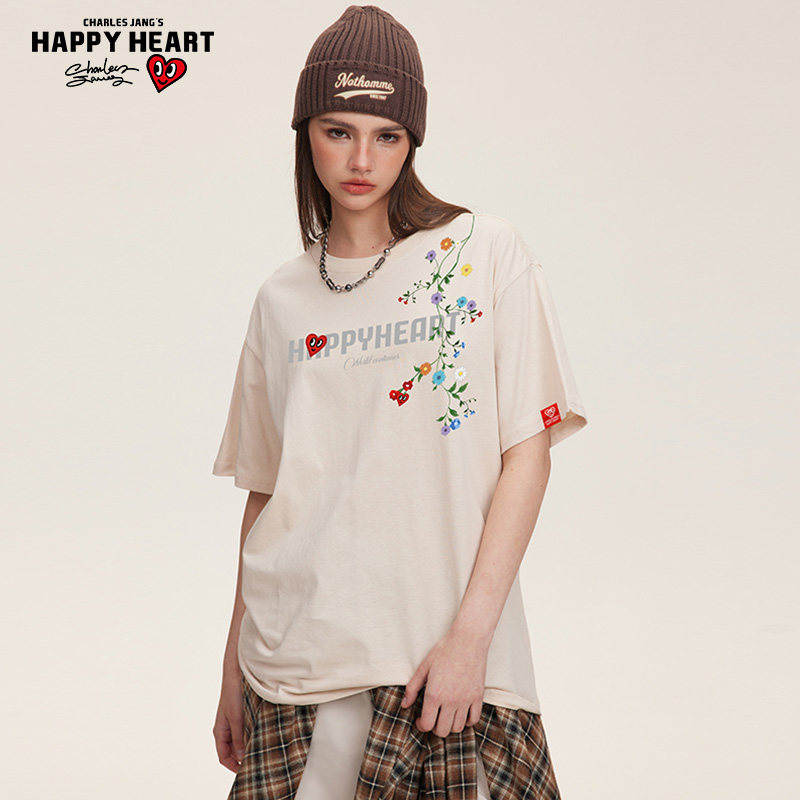 查尔斯桃心 花朵字母印花纯棉美式圆领短袖T恤男夏季潮牌情侣上衣