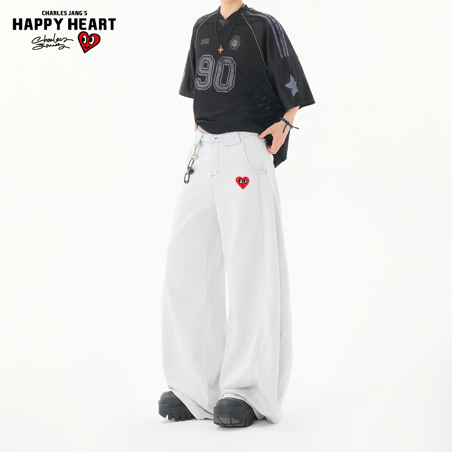 查尔斯桃心美式cleanfit白色弯刀牛仔裤男女春秋宽松阔腿长裤子,淘宝优惠券,粉丝福利购,淘宝优惠卷