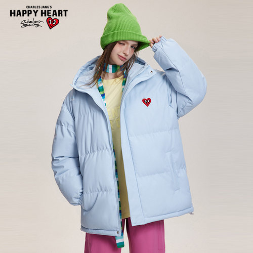 查尔斯桃心线条小狗印花连帽棉衣男女款冬季加厚休闲情侣棉服外套 - 图0