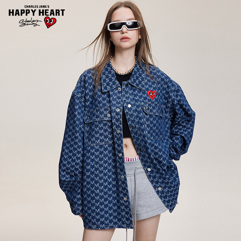 查尔斯桃心 美式复古满印提花纹夹克男嘻哈高街设计情侣牛仔外套,淘宝优惠券,粉丝福利购,淘宝优惠卷