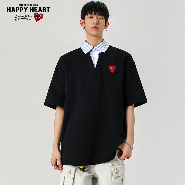 Charles Peach Heart Fake Two-Piece Shirt Collar Short Sleeve T-Shirt