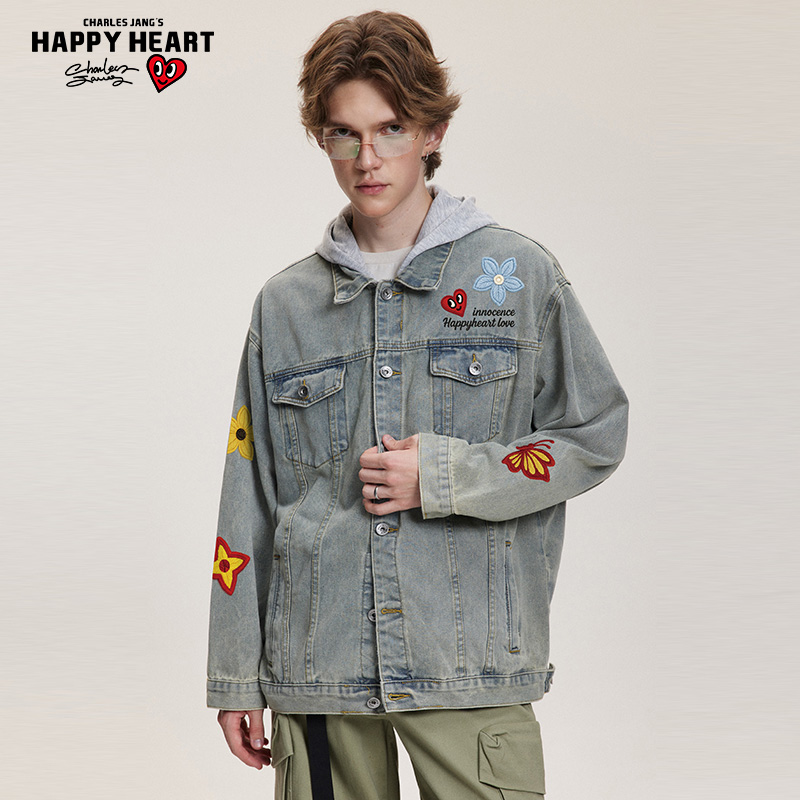 查尔斯桃心 美式复古仿刺绣蝴蝶牛仔外套男女春秋季休闲夹克外套 - 图0