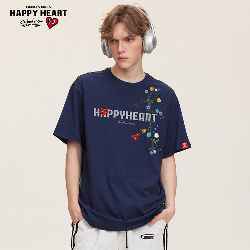查尔斯桃心 花朵字母印花纯棉美式圆领短袖T恤男夏季潮牌情侣上衣