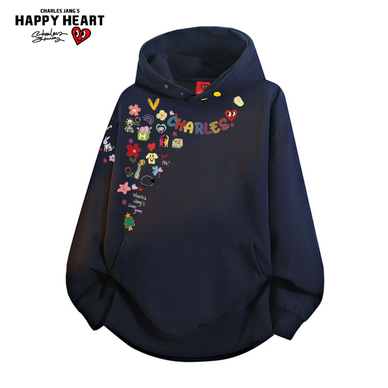 查尔斯桃心美式涂鸦印花按扣连帽卫衣春上新宽松休闲百搭情侣外套