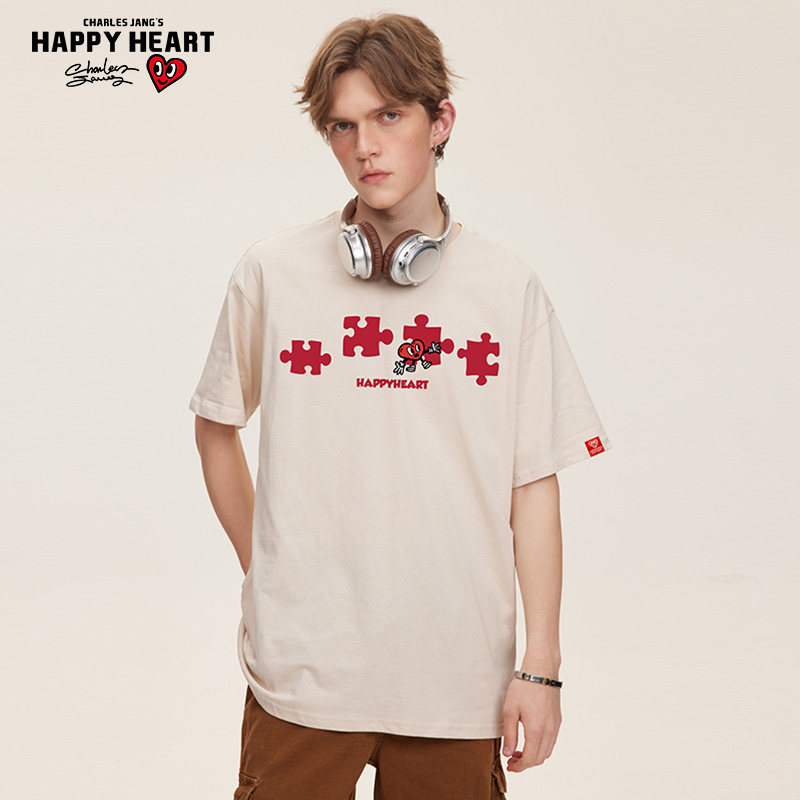 查尔斯桃心 2025年夏季新款拼图印花圆领纯棉休闲短袖t恤男女同款