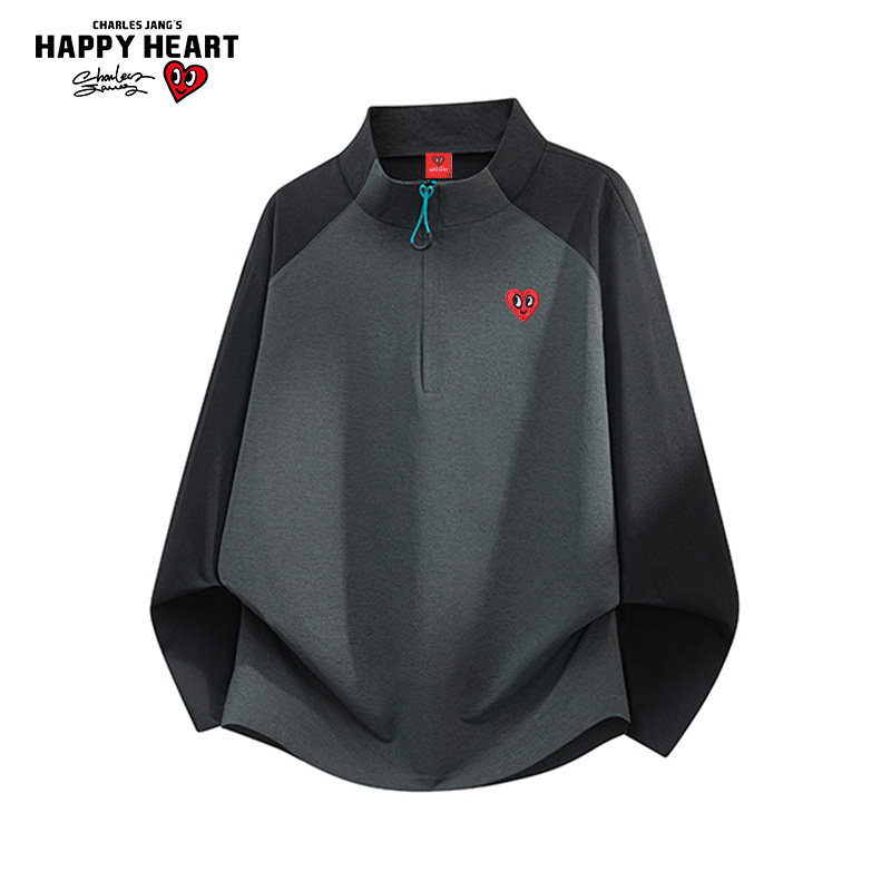 查尔斯桃心撞色拼接半拉链立领卫衣男春秋季百搭休闲运动情侣上衣