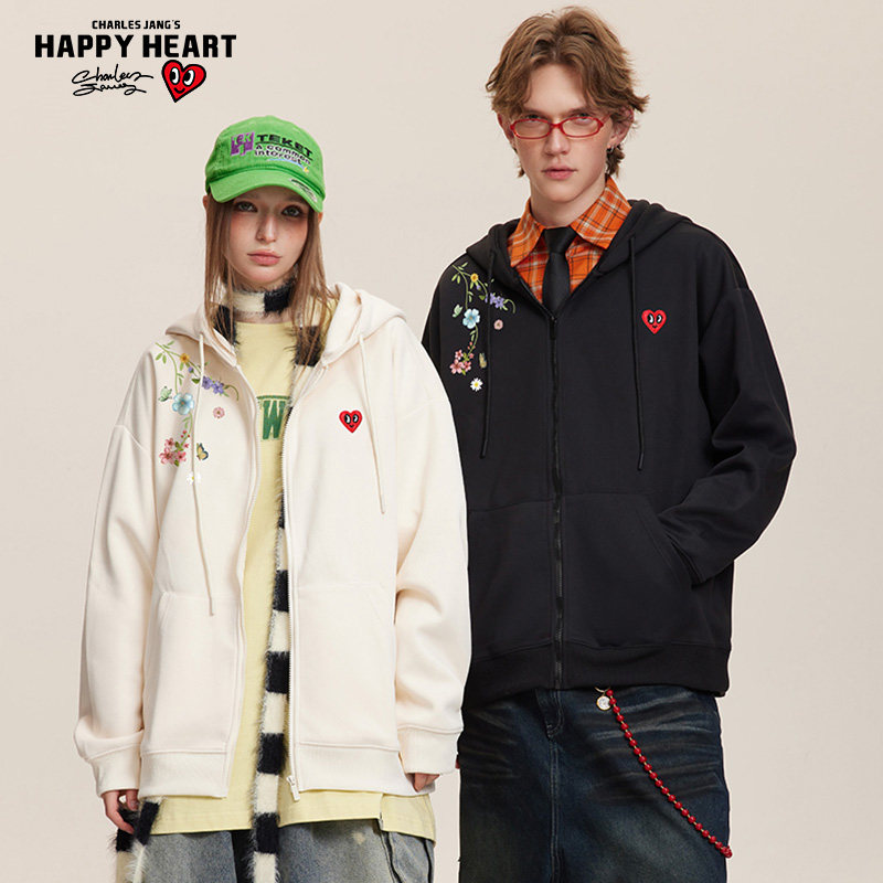 查尔斯桃心 美式花卉连帽开衫卫衣男女款春秋季休闲潮牌情侣外套