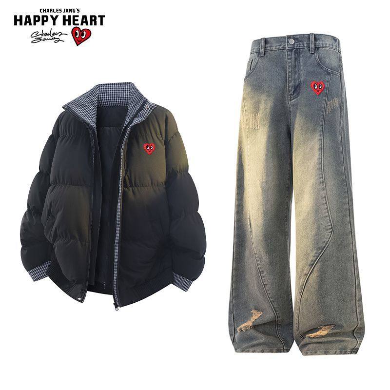 查尔斯桃心休闲套装男女冬季格子假两件立领棉衣宽松牛仔裤两件套,淘宝优惠券,粉丝福利购,淘宝优惠卷