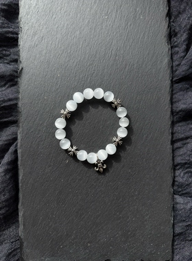 A lone ranger白色月光复古十字架猫眼串珠手链清冷感搭配情侣