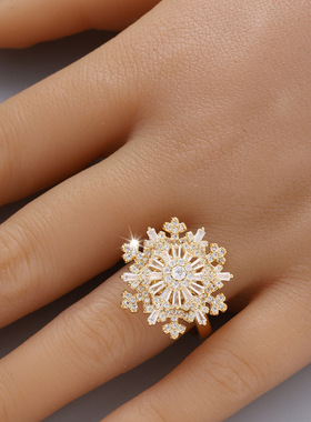 雪花戒指可旋转轻奢水晶高级感夸张小众时尚气质个性开口食指戒女