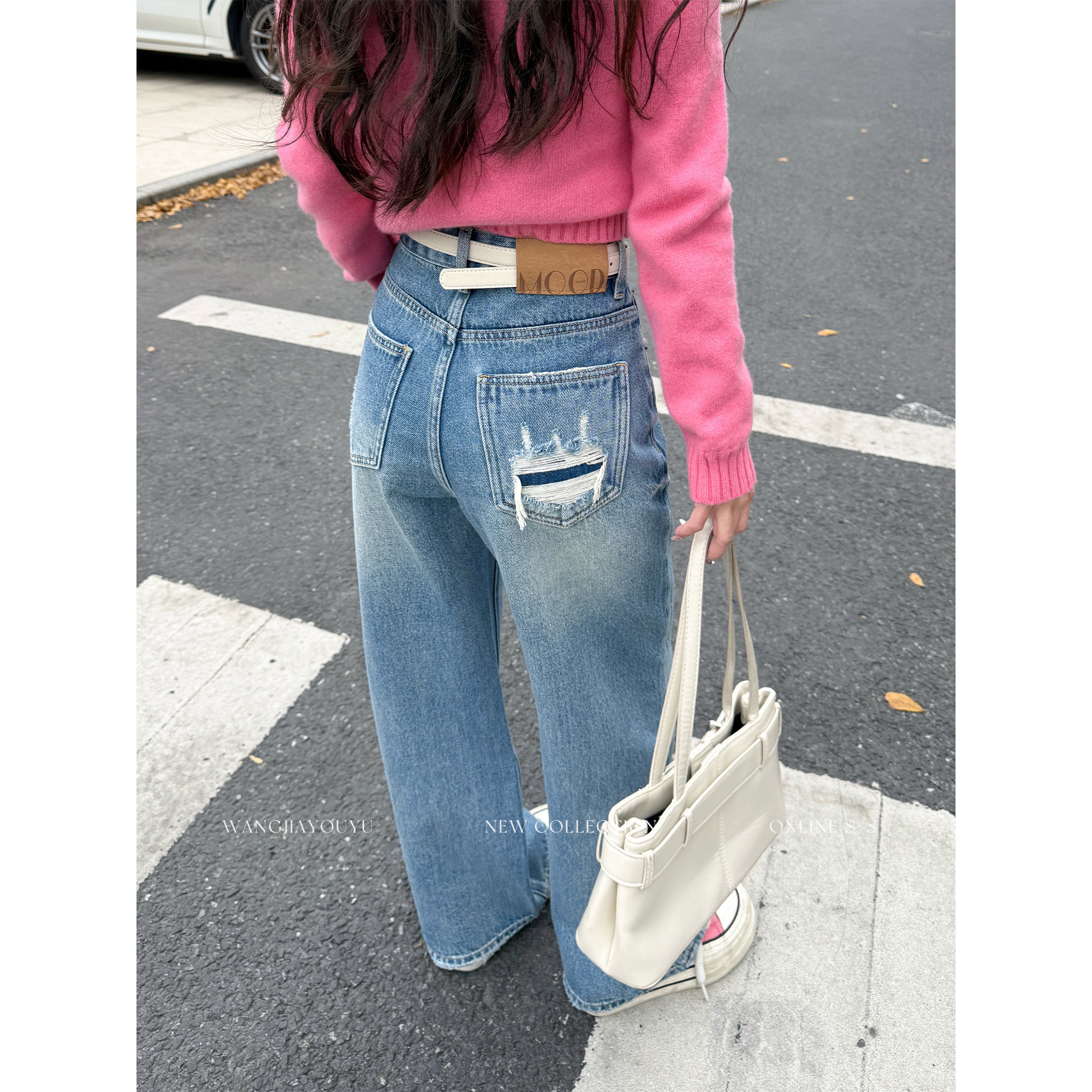 王家有鱼【小个子定制】2026早春复古蓝破洞阔腿裤女款百搭牛仔裤