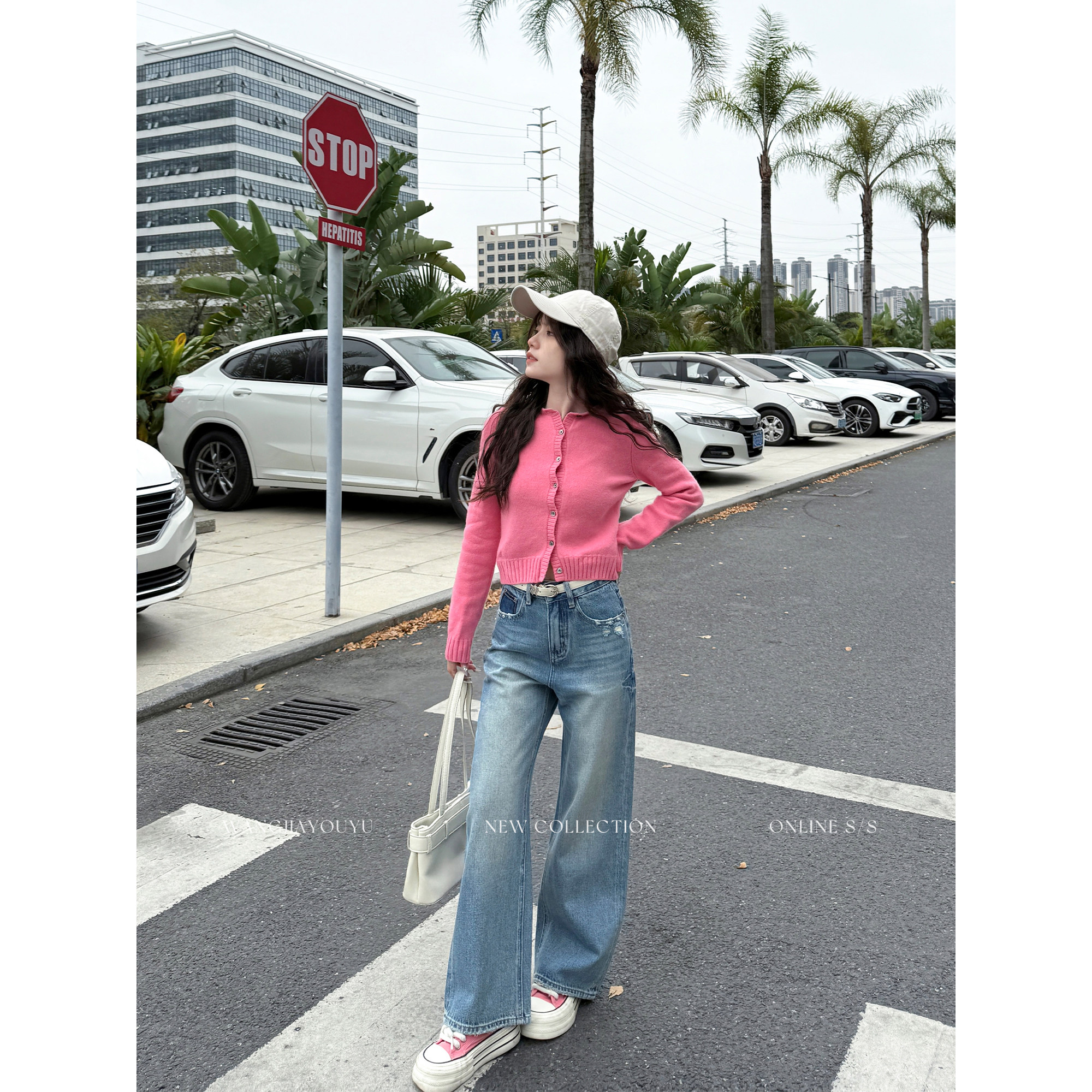 王家有鱼【小个子定制】2026早春复古蓝破洞阔腿裤女款百搭牛仔裤