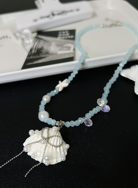 小众温柔蓝色贝壳手工串珠项链