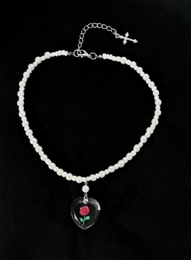法式复古串珠少女玫瑰爱心项链
