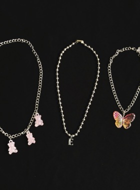 3件套 糖果小熊y2k欧美幻彩蝴蝶字母项链choker圆珠链潮颈链 包邮
