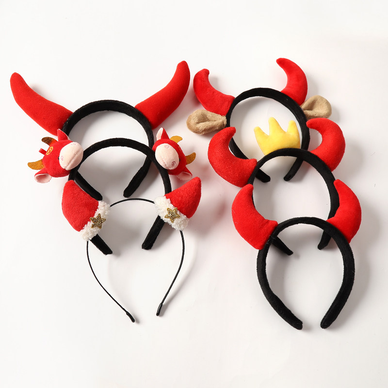 2021牛年红色发箍新年牛角发饰跨年小牛头牛气冲天发卡过年头箍女