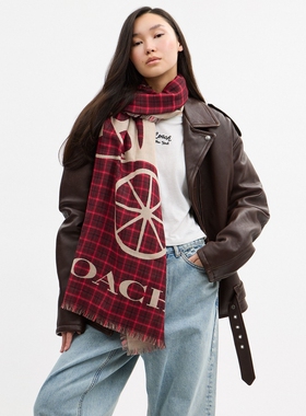 【新款】COACH/蔻驰奥莱女士马车图案印花格纹长围巾高级含绵羊毛