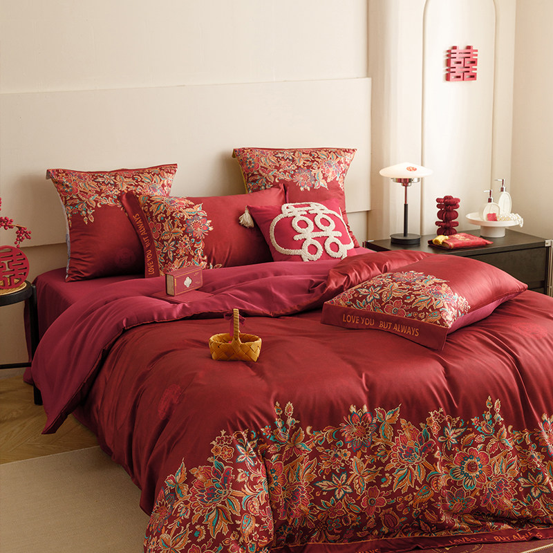 全棉中式婚礼大红色婚庆四件套高档新婚印花被套纯棉婚房床上用品,淘宝优惠券,粉丝福利购,淘宝优惠卷