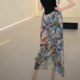 Printed pleated slit anti-exposure A-line skirt