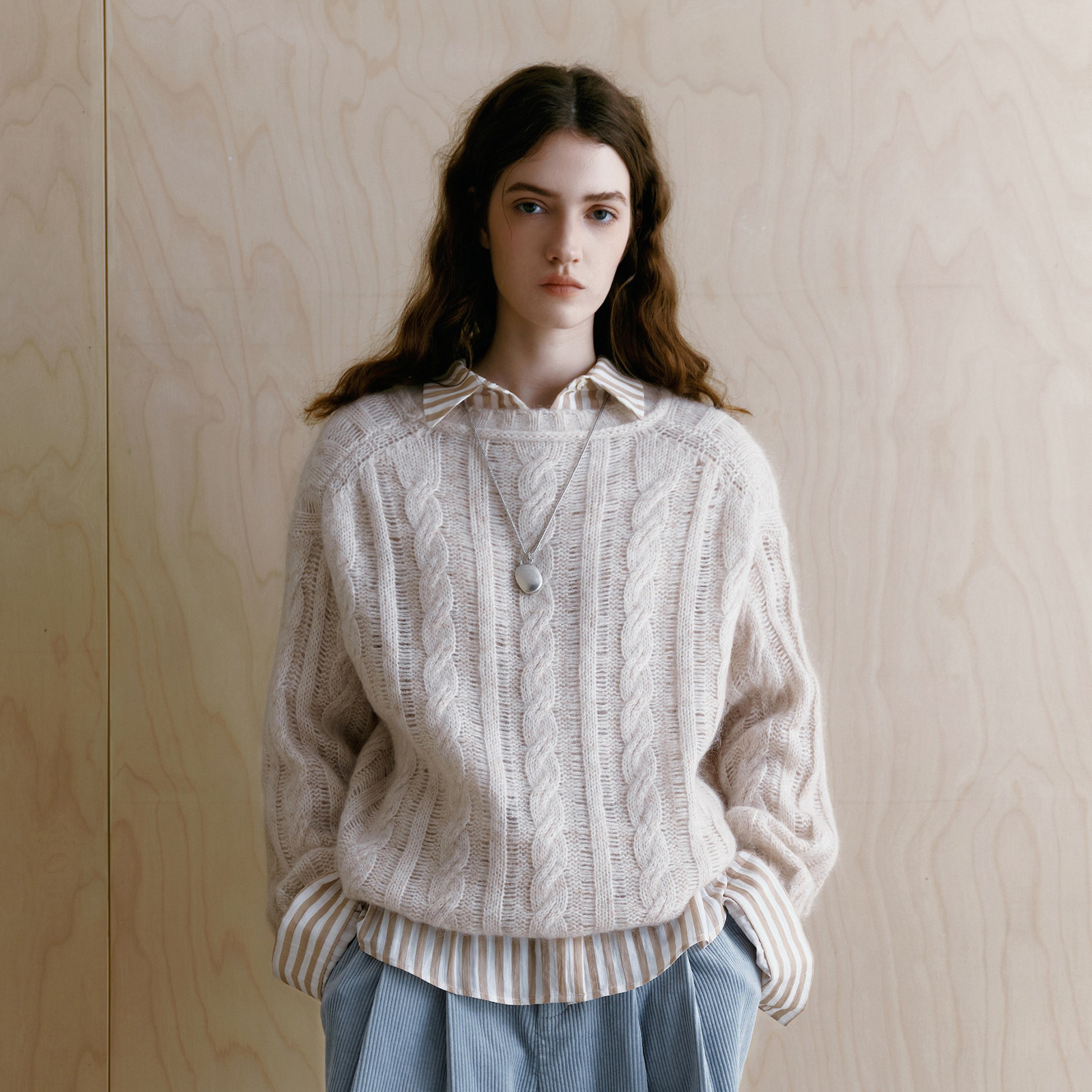 wana try天丝条纹微肌理感衬衫女2025早秋新款卡其色极简长袖上衣