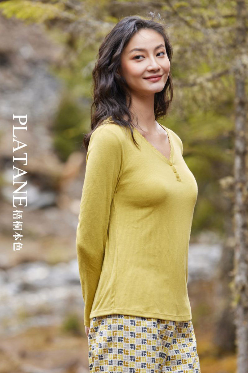 梧桐本色正品适意女螺纹v领家居外穿简约纯色舒适长袖上衣wj21202