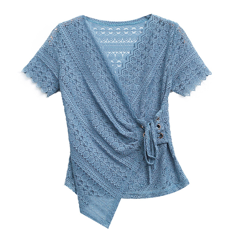 蕾丝女短袖2020年夏季新款修身t恤 盾妆蕾丝衫/雪纺衫