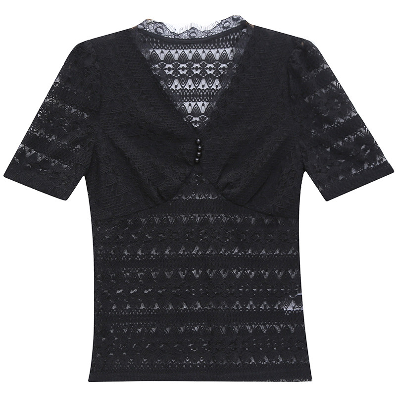 2020新款欧货性感v领蕾丝花边小衫 盾妆T恤