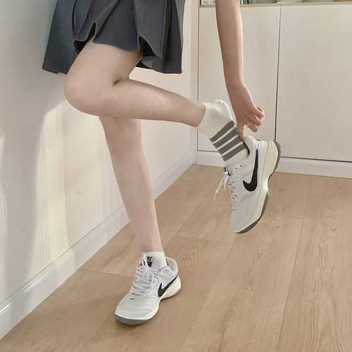 不对称条纹个性袜子女AB款短袜春秋季黑白灰经典百搭三条杠运动袜 - 图0