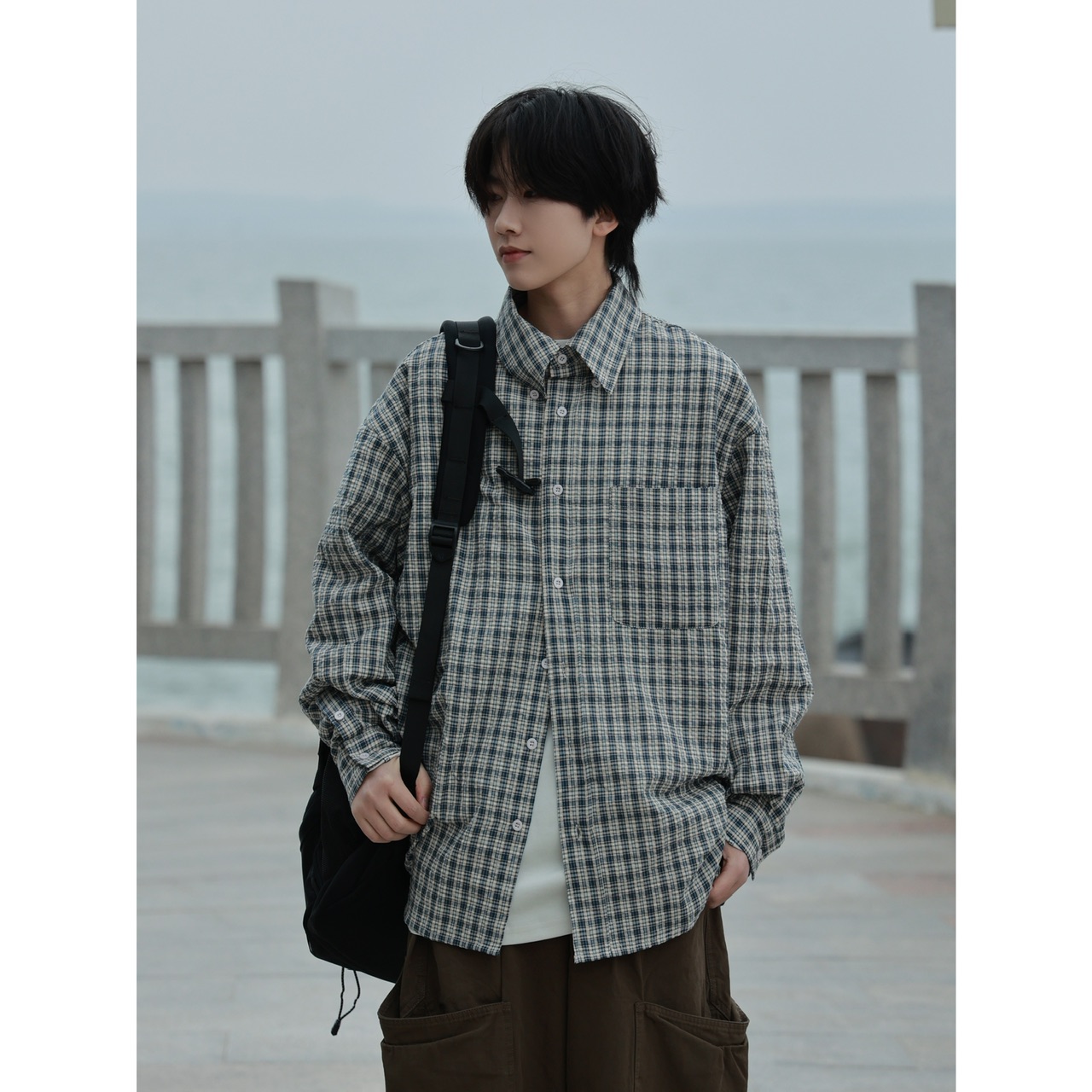 19otiwtt日系街头格子撞色长袖衬衫男女复古宽松bf风情侣休闲外套 - 图2