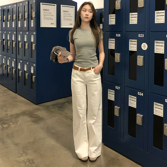 MYFC白色三防面料阔腿牛仔裤女2025小个子弹力高腰显瘦宽松直筒裤