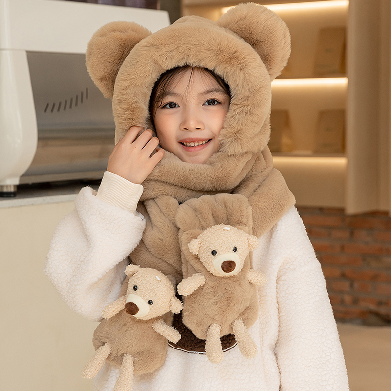 小熊帽子围巾一体秋冬季儿童护耳连帽围脖手套三件套男童女童宝宝