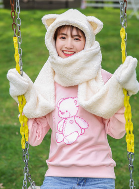 秋冬保暖可爱卡通帽子三件猫耳朵