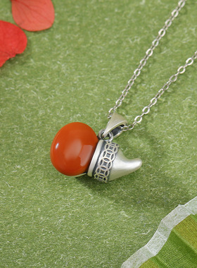 正品保真S925纯银南红复古做旧钱币福禄葫芦福字吊坠气质百搭挂坠