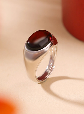 正品保真S925纯银血珀复古轻奢简约蛋面戒指时尚气质百搭开口指环