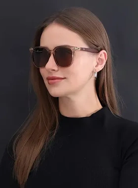 眼镜太阳镜新款茶色女2023圆脸方框复古偏光墨镜时尚木纹韩版腿潮