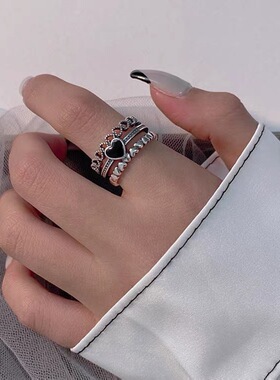 复古黑色爱心戒指小众设计精致宽版欧美做旧霸气开口食指指环