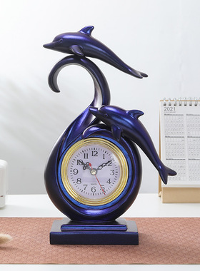 轻奢海豚时钟树脂工艺品家居酒柜客书房办公桌立体现代摆件迷你