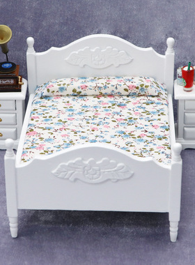 1:12娃娃屋dollhouse迷你小家具卧室微场景木制工艺品白色双人床