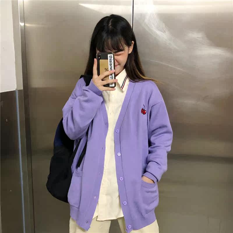 樱桃刺绣开衫2020秋冬新款韩版毛衣 陌丫毛针织衫