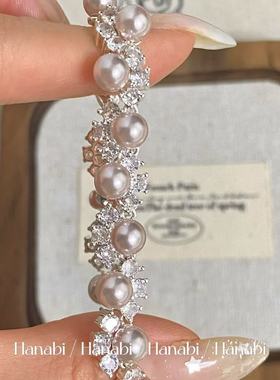 ＜花火商店＞瑰荔之夏 - 粉杏色人造珍珠锆石编织抽拉手链