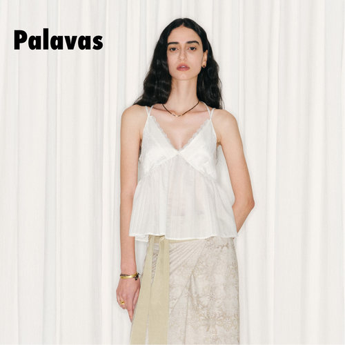Palavas26春夏新款圣山雪盐吊带度假风白色蕾丝V领背心女宽松露背 - 图0