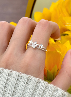 925纯银蝴蝶戒指锆石双层女