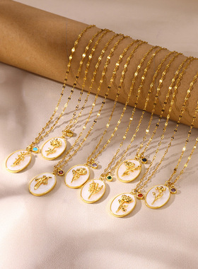 法国coss koko欧美新款十二月花项链立体花卉椭圆贝吊坠生辰石