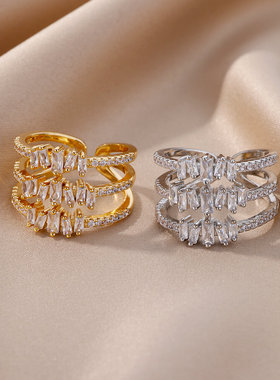 法国coss koko欧美新款铜锆石轻奢戒指几何多层女戒指设计感小众