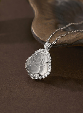 法国coss kokos925银镶嵌高冰玉髓吊坠弥勒佛项链女士锁骨链新