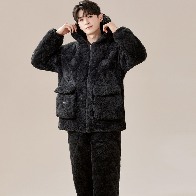 猫人夹棉睡衣男士三层加厚冬季珊瑚绒加绒保暖超厚连帽家居服套装