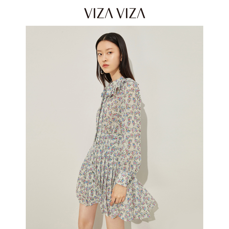 【商场同款】VIZA VIZA 春秋新款温柔女系带长袖碎花连衣裙 - 图0