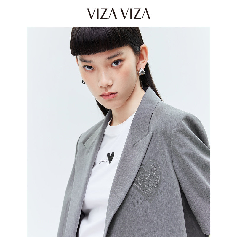 【商场同款】VIZA VIZA 2023夏季新款高腰葭灰短袖西装外套女士