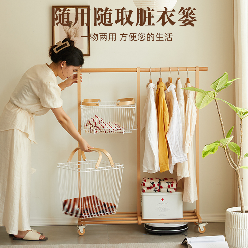 实木落地衣帽架家用卧室衣架可移动脏衣篓挂衣架床边放衣服晾衣架 - 图1