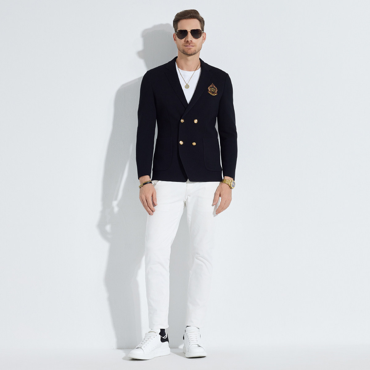 雷迪波尔男装西服2024秋冬新款贴布绣胸章针织弹力修身单西外套男,淘宝优惠券,粉丝福利购,淘宝优惠卷